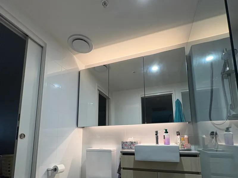 Frameless bathroom mirror above a vanity next to a glass shower, Brisbane
